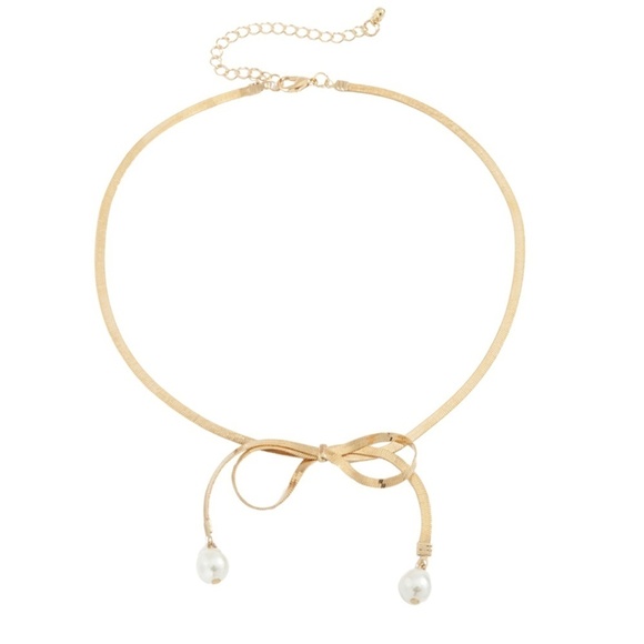 ✨ Charming Bow & Imitation Pearl Herringbone Choker Necklace: Vintage Gl… - Picture 1 of 4